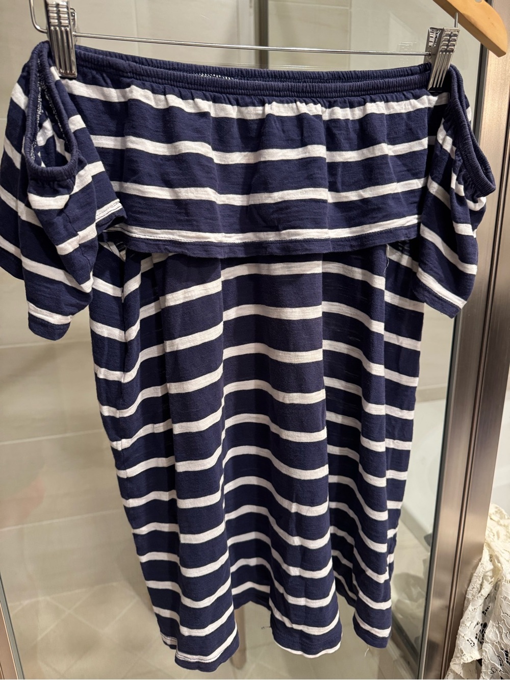 Old Navy Striped Navy Blue and White Off The Shoulder Top